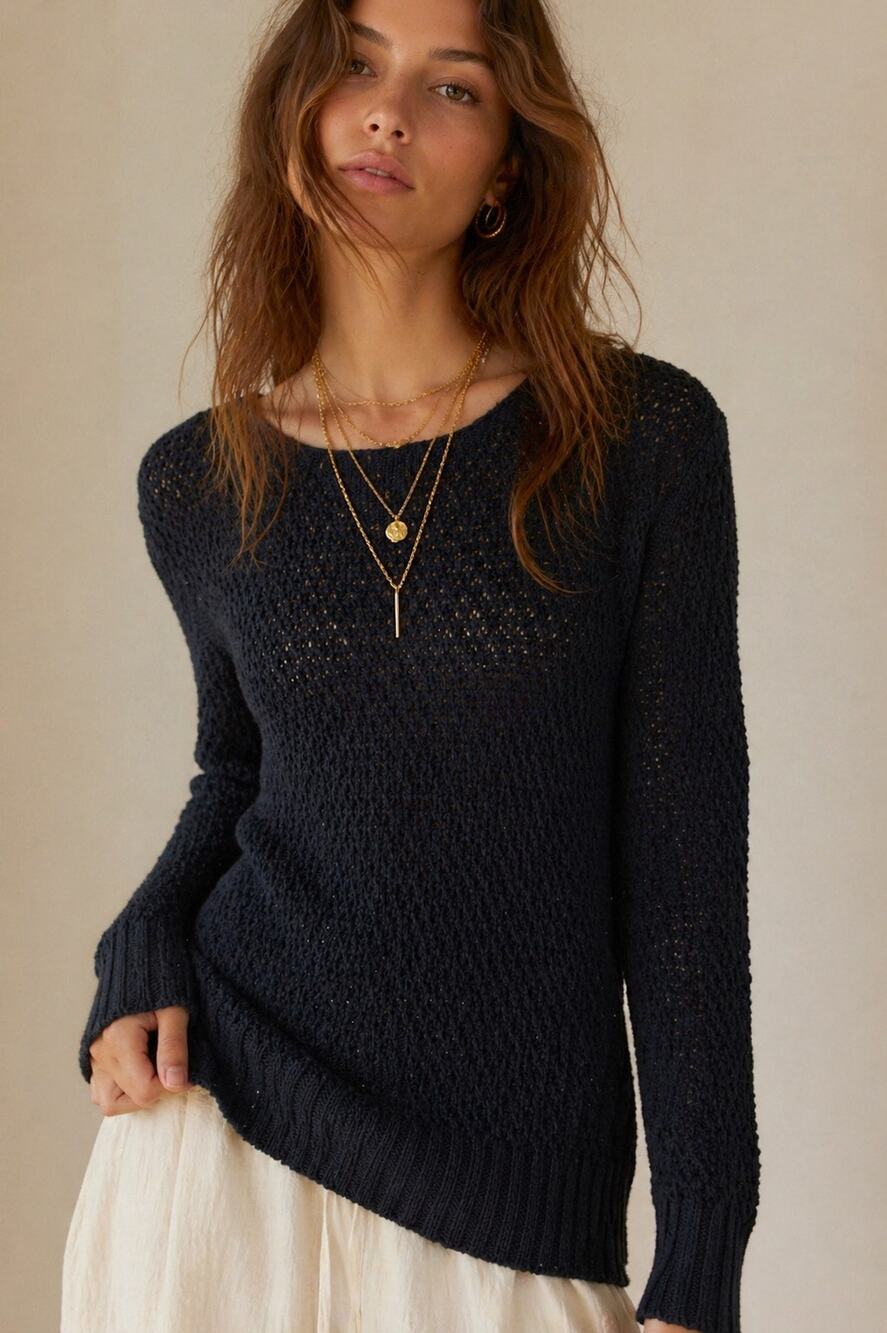VINCE CAMUTO Black Textured Open Knit Long Sleeve Scoop Neck Sweater Top XS